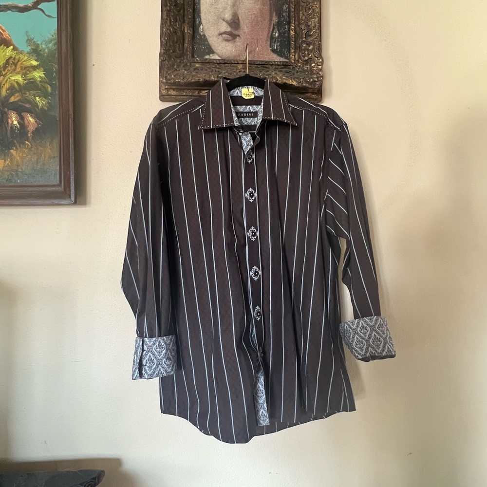 Zagiri Brown with baby blue Stripe Men's Button-Up Shirt with Contrast Cuffs